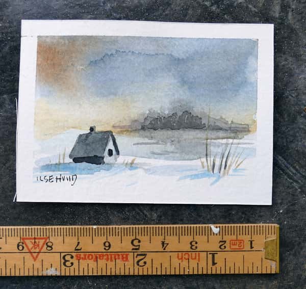 Mini akvarell, original. Vinterlandskap