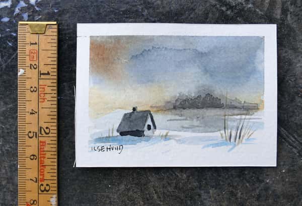 Mini akvarell, original. Vinterlandskap