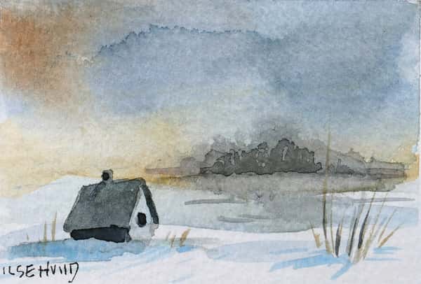 Mini akvarell, original. Vinterlandskap