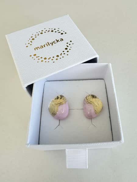Pink and gold stud earrings with hypoallergenic steel posts