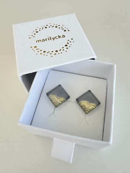 Grey and gold stud earrings with hypoallergenic titanium posts
