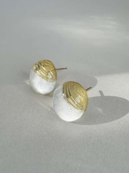 Pearlescent white and gold stud earrings with hypoallergenic steel posts