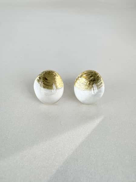 Pearlescent white and gold stud earrings with hypoallergenic steel posts
