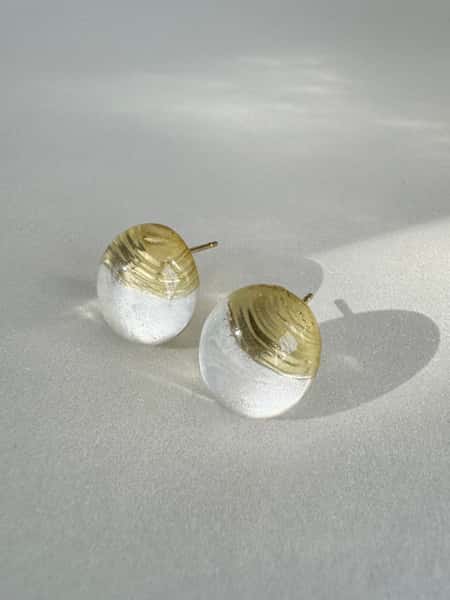Pearlescent white and gold stud earrings with hypoallergenic steel posts