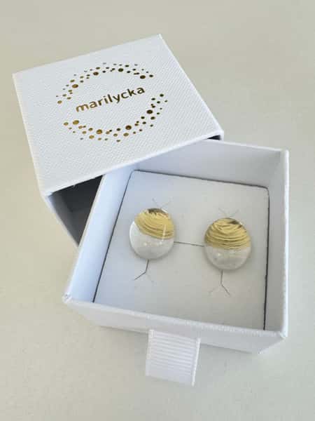 Pearlescent white and gold stud earrings with hypoallergenic steel posts