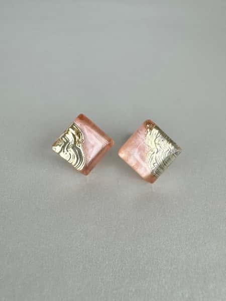 Peach and gold stud earrings with hypoallergenic steel posts