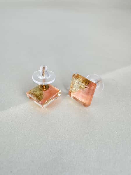 Peach and gold stud earrings with hypoallergenic steel posts