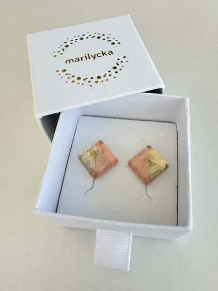 Peach and gold stud earrings with hypoallergenic steel posts