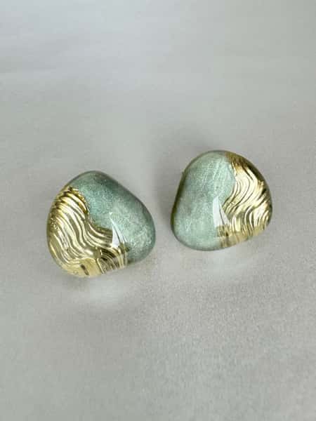 Light sage green and gold stud earrings with hypoallergenic steel posts