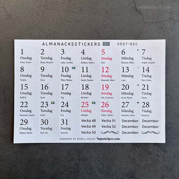 Almanacksstickers 01 och Helgdagar