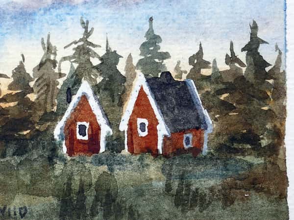 Liten original akvarellmålning. Röda stugor i skogen.