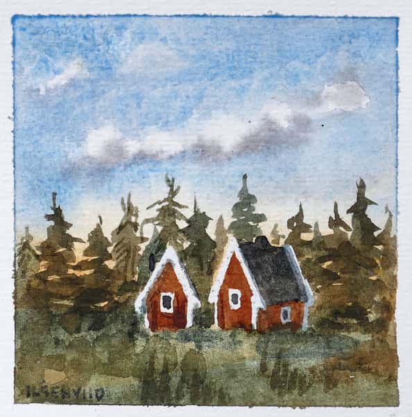 Liten original akvarellmålning. Röda stugor i skogen.