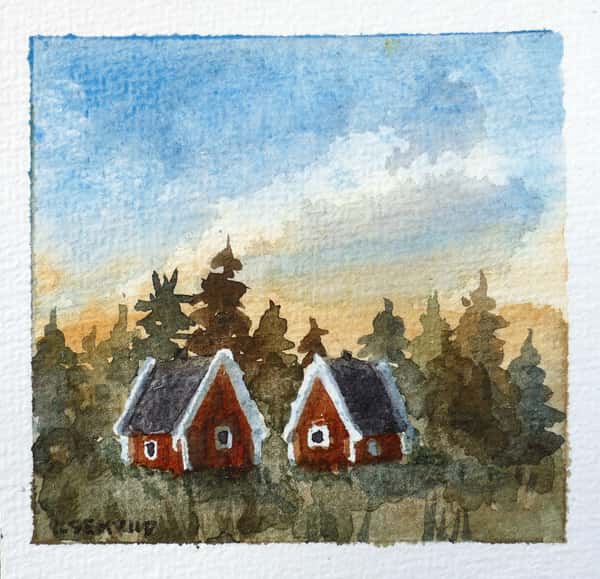 Original akvarellmålning. Röda stugor i skogslandskap