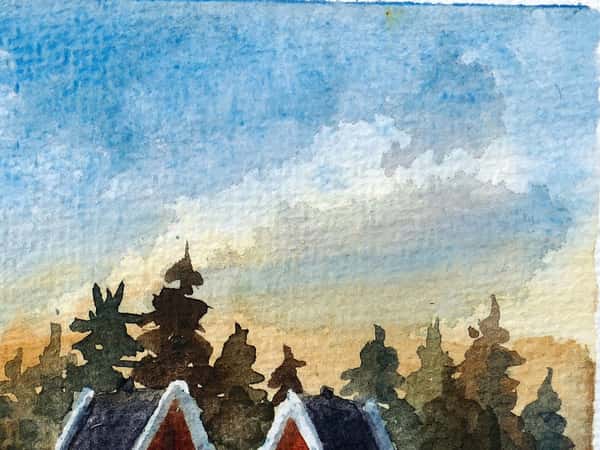 Original akvarellmålning. Röda stugor i skogslandskap