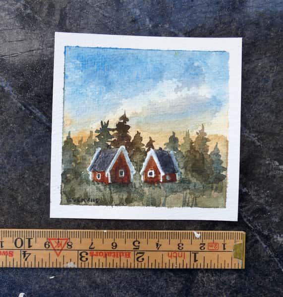 Original akvarellmålning. Röda stugor i skogslandskap