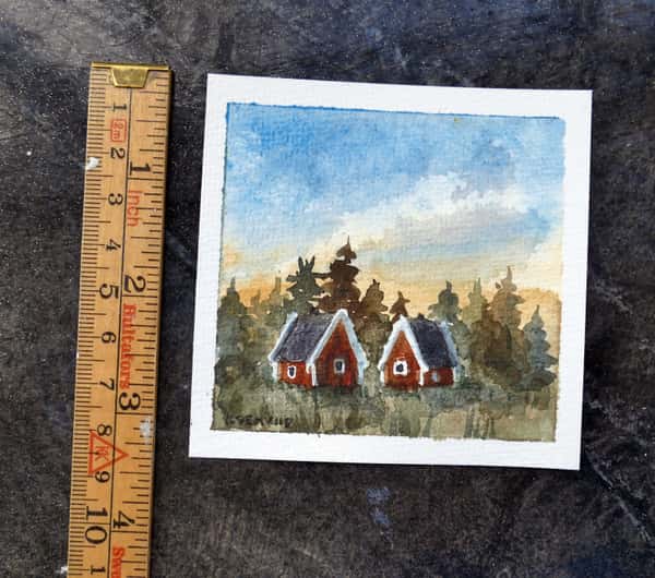 Original akvarellmålning. Röda stugor i skogslandskap