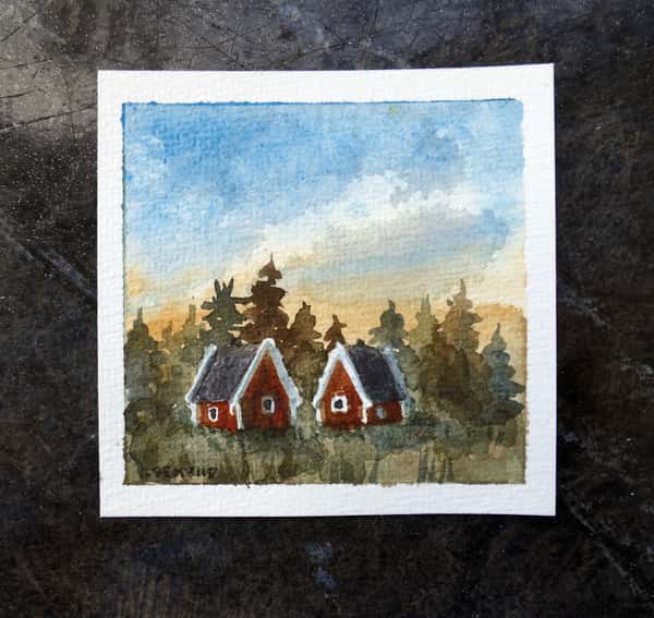 Original akvarellmålning. Röda stugor i skogslandskap