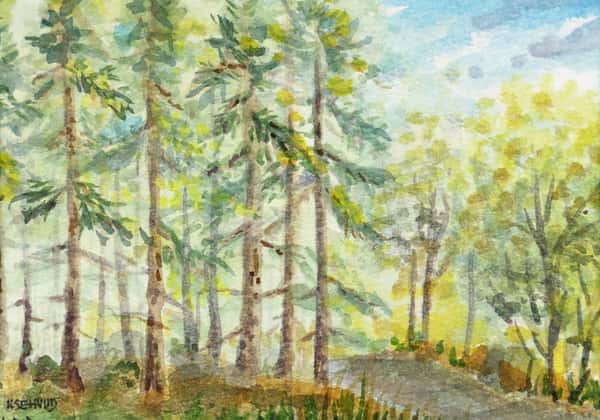 Akvarell original i svart passepartout. Skogsgläntan