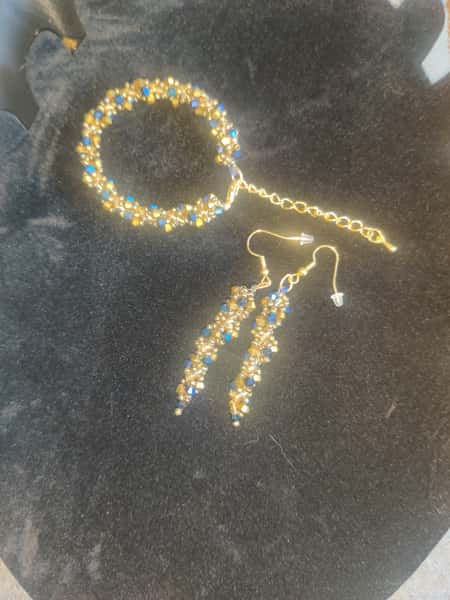 Armband och örhängen set - Guld med blå glaskristaller