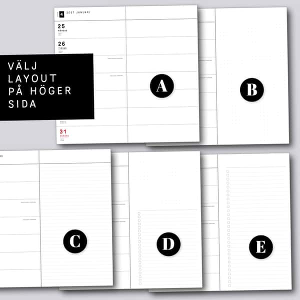 Veckokalender horisontell layout. Välj omslag och högersida. Häftad Traveler's notebooks insert. Regular/standard storlek.