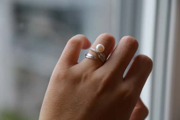 S925 Sterling Silver Feather Freshwater Pearl Open Ring