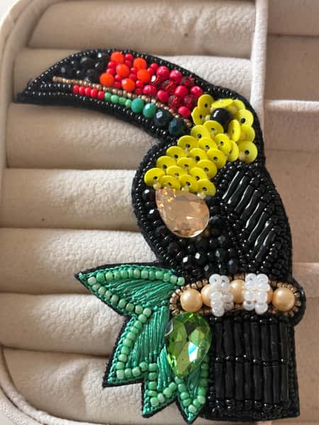 Colourful Toucan Bird, Handmade Beaded and Sequin Fabric Patches, embellished appliques for jackets, dresses, handbags, hats, crafts.