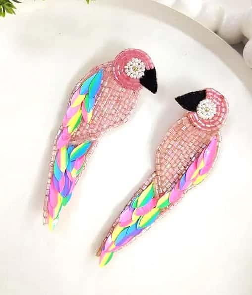 Handmade Beaded Pink Parrot Earrings: Embroidered Bird Jewelry