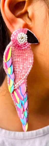 Handmade Beaded Pink Parrot Earrings: Embroidered Bird Jewelry