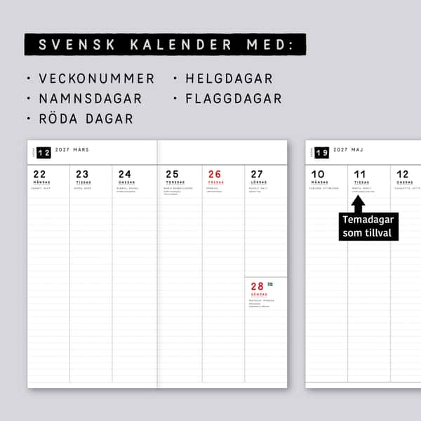 Veckokalender vertikal layout. Välj omslag. Häftad Traveler's notebooks insert. Regular/standard storlek.