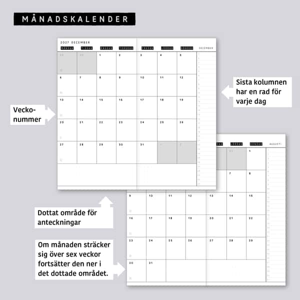 Månadskalender med 103 omslag att välja mellan. Häftad Traveler's notebooks insert. Regular/standard storlek.