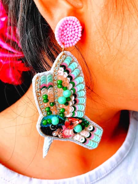 Handmade Beaded Bird Earrings: Embroidered Crystal Dangle Jewelry