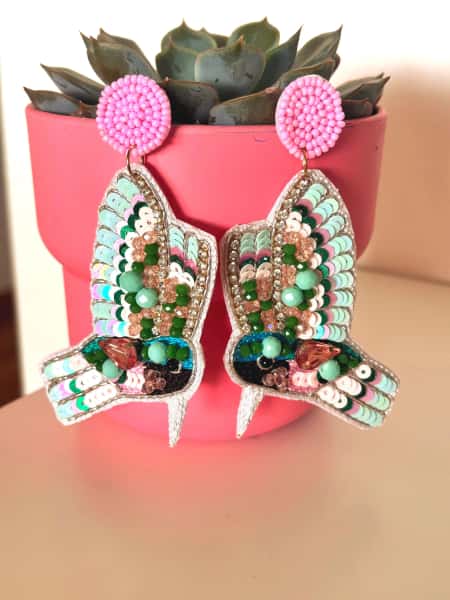 Handmade Beaded Bird Earrings: Embroidered Crystal Dangle Jewelry