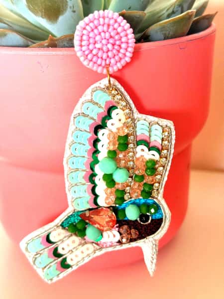 Handmade Beaded Bird Earrings: Embroidered Crystal Dangle Jewelry