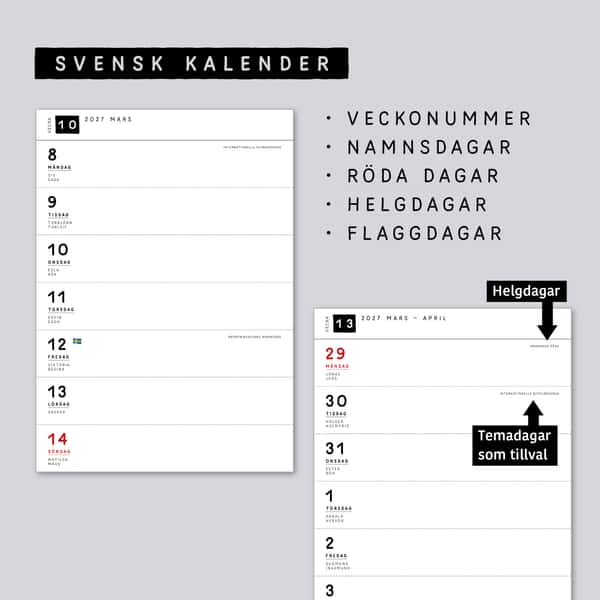 Veckokalender horisontell layout. Välj omslag och högersida. Häftad Traveler's notebooks insert. Storlek B6.