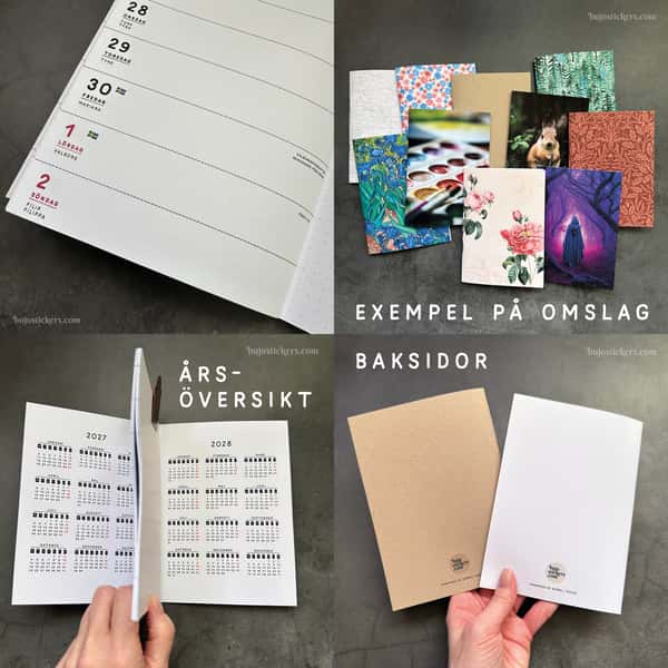 Veckokalender horisontell layout. Välj omslag och högersida. Häftad Traveler's notebooks insert. Storlek B6.