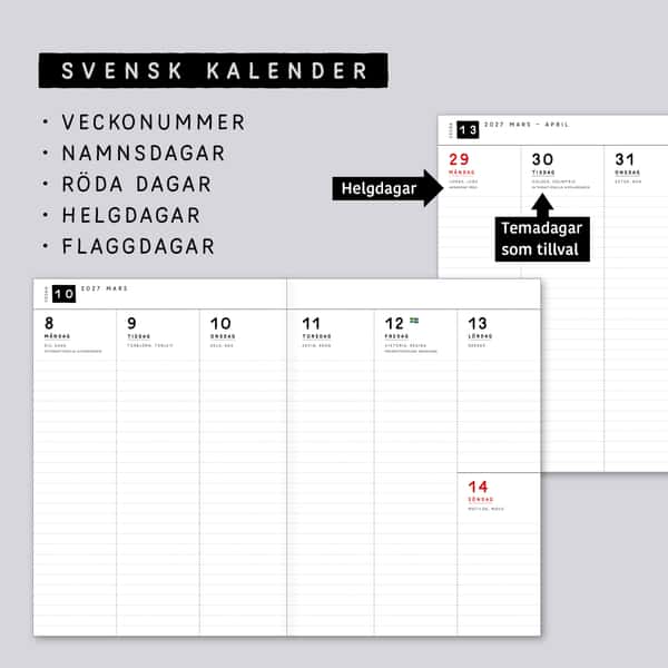 Veckokalender vertikal layout. Välj omslag. Häftad Traveler's notebooks insert. Regular/standard storlek.