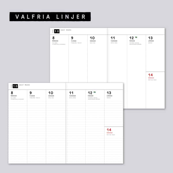 Veckokalender vertikal layout. Välj omslag. Häftad Traveler's notebooks insert. Regular/standard storlek.