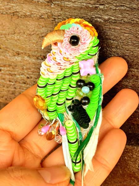 Luxury Hand Embroidered Beaded Green Parrot Brooch Pin: Unique Bird Lover Gift, Christmas gift, Accent for coat, sweater and scarf