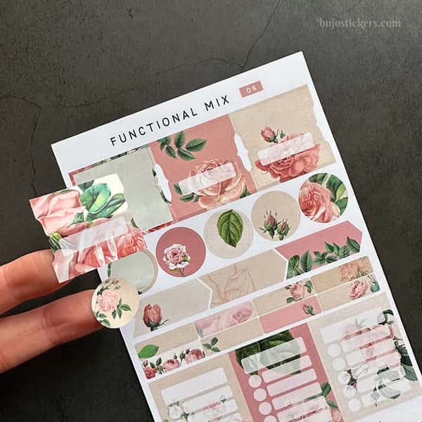 Stickers – Funktionell mix med tabbar, pilar, att göra-listor mm. Rosa rosor.