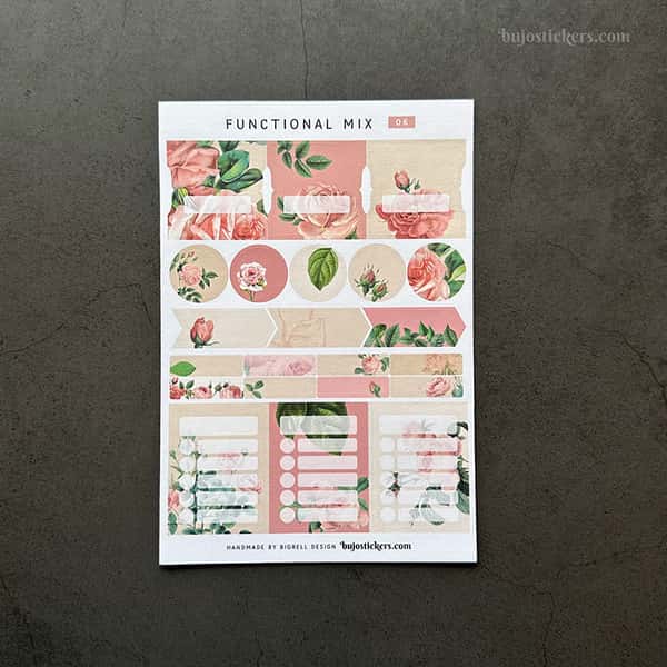 Stickers – Funktionell mix med tabbar, pilar, att göra-listor mm. Rosa rosor.