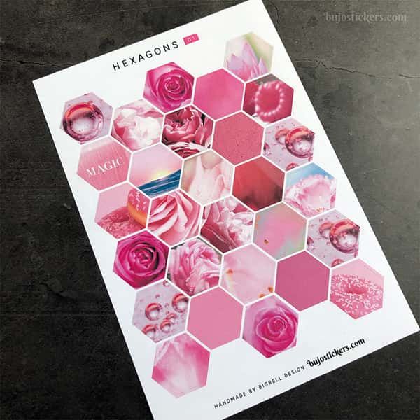 Stickers – Rosa hexagoner med olika motiv
