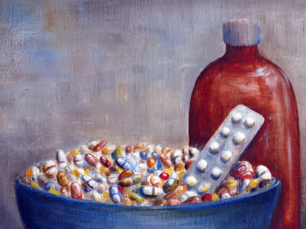 Oljemålning på duk, stilleben med medicin, 30 x30 cm