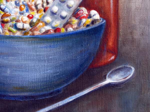 Oljemålning på duk, stilleben med medicin, 30 x30 cm