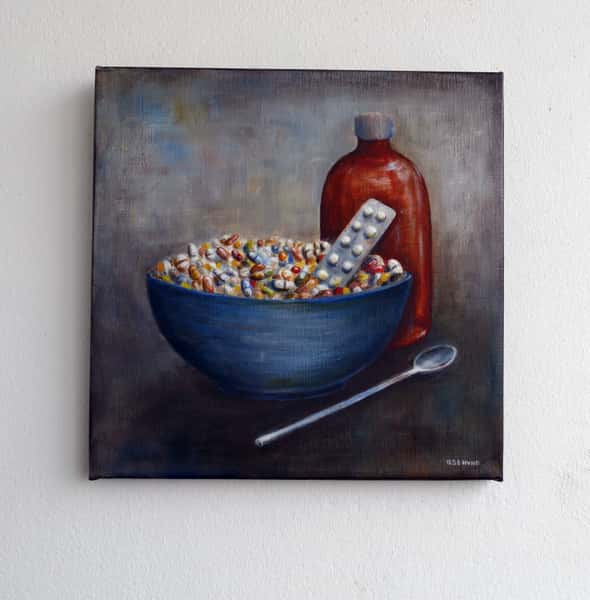 Oljemålning på duk, stilleben med medicin, 30 x30 cm