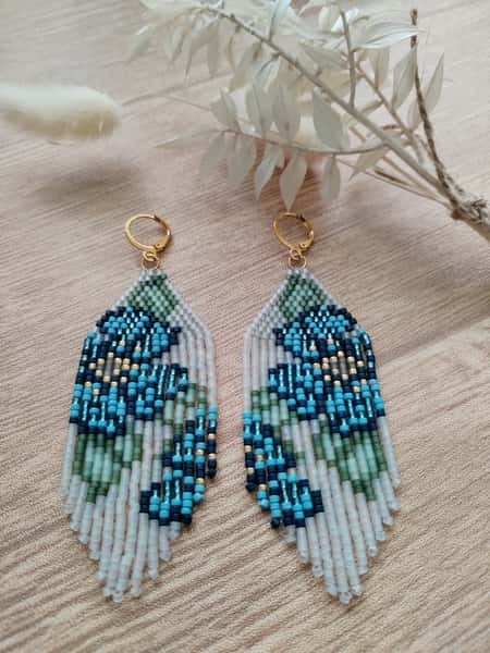 handgjord miyuki Pärlörhängen med blommönster blått, grönt, guld och vitt