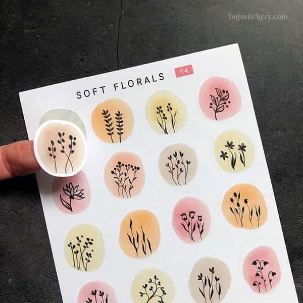Stickers – Silhuetter av växter och blommor på akvarellcirklar i milda färger
