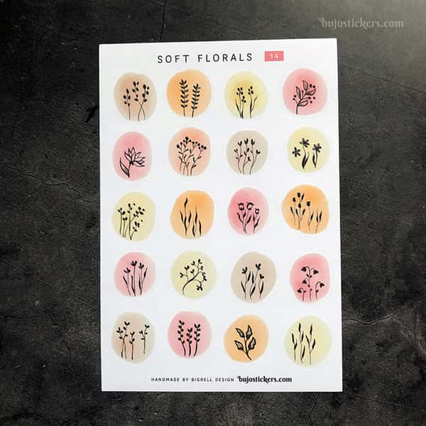 Stickers – Silhuetter av växter och blommor på akvarellcirklar i milda färger