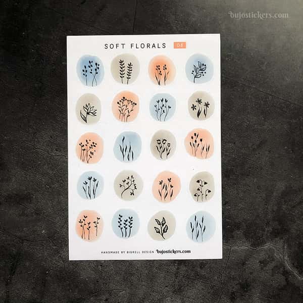 Stickers – Silhuetter av växter och blommor på akvarellcirklar i milda färger