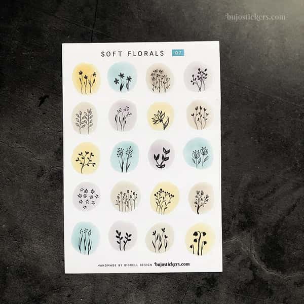 Stickers – Silhuetter av växter och blommor på akvarellcirklar i milda färger