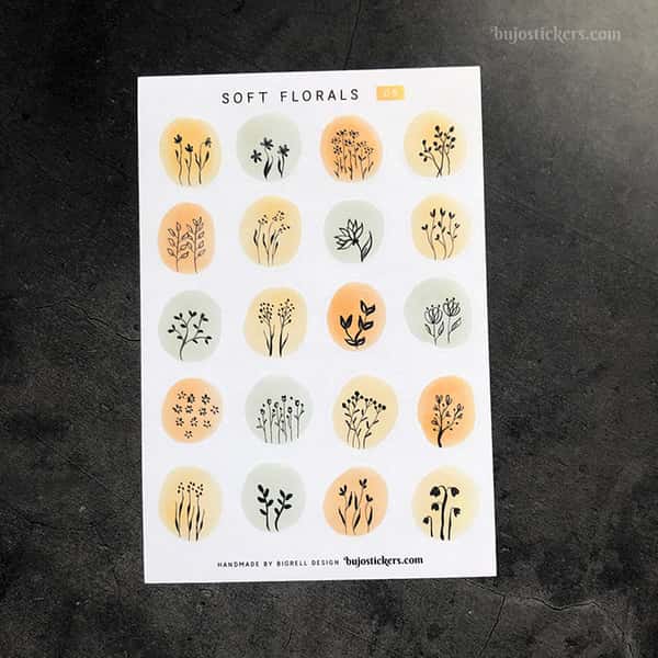 Stickers – Silhuetter av växter och blommor på akvarellcirklar i milda färger